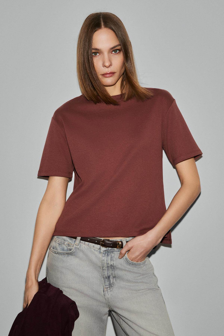 COLENA Kadın Organik Pamuklu Bisiklet Yaka Oversize Fit Kısa Kollu Kiremit Rengi T-Shirt