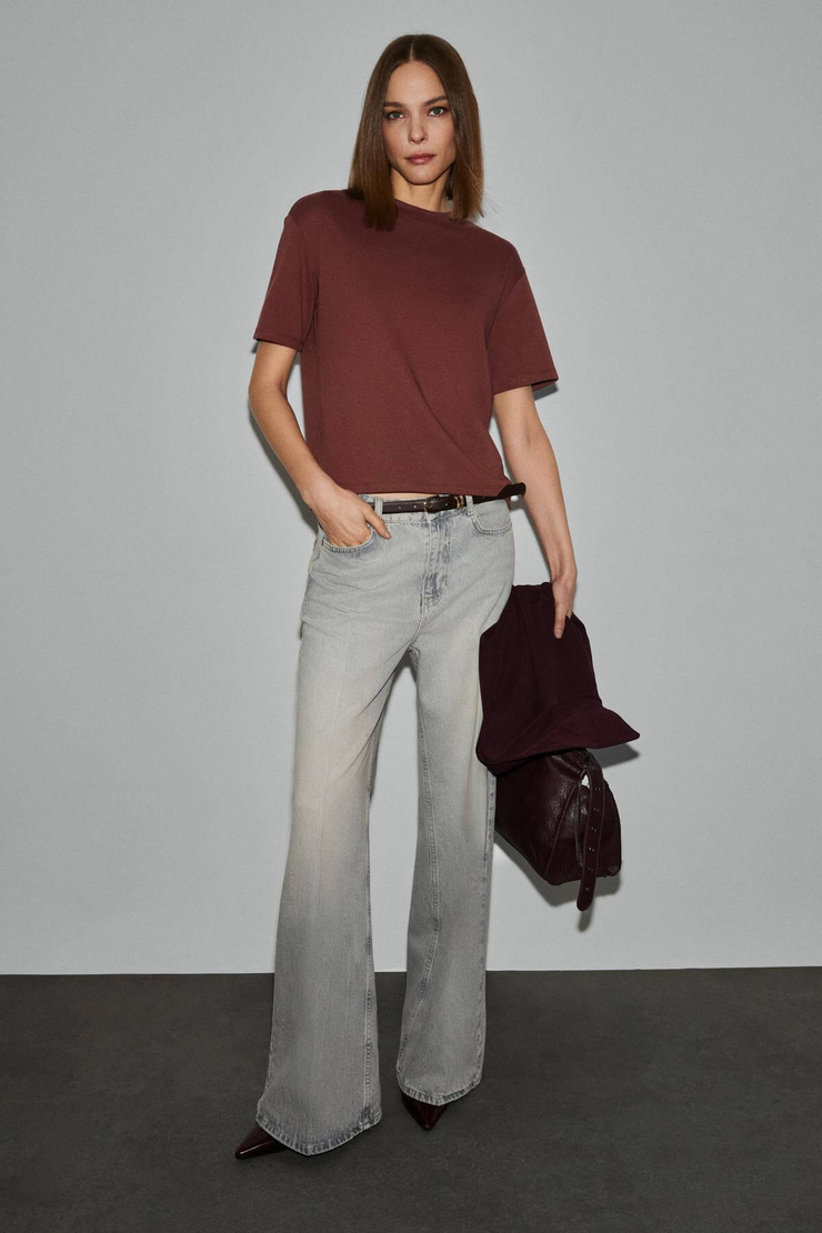 COLENA Kadın Organik Pamuklu Bisiklet Yaka Oversize Fit Kısa Kollu Kiremit Rengi T-Shirt