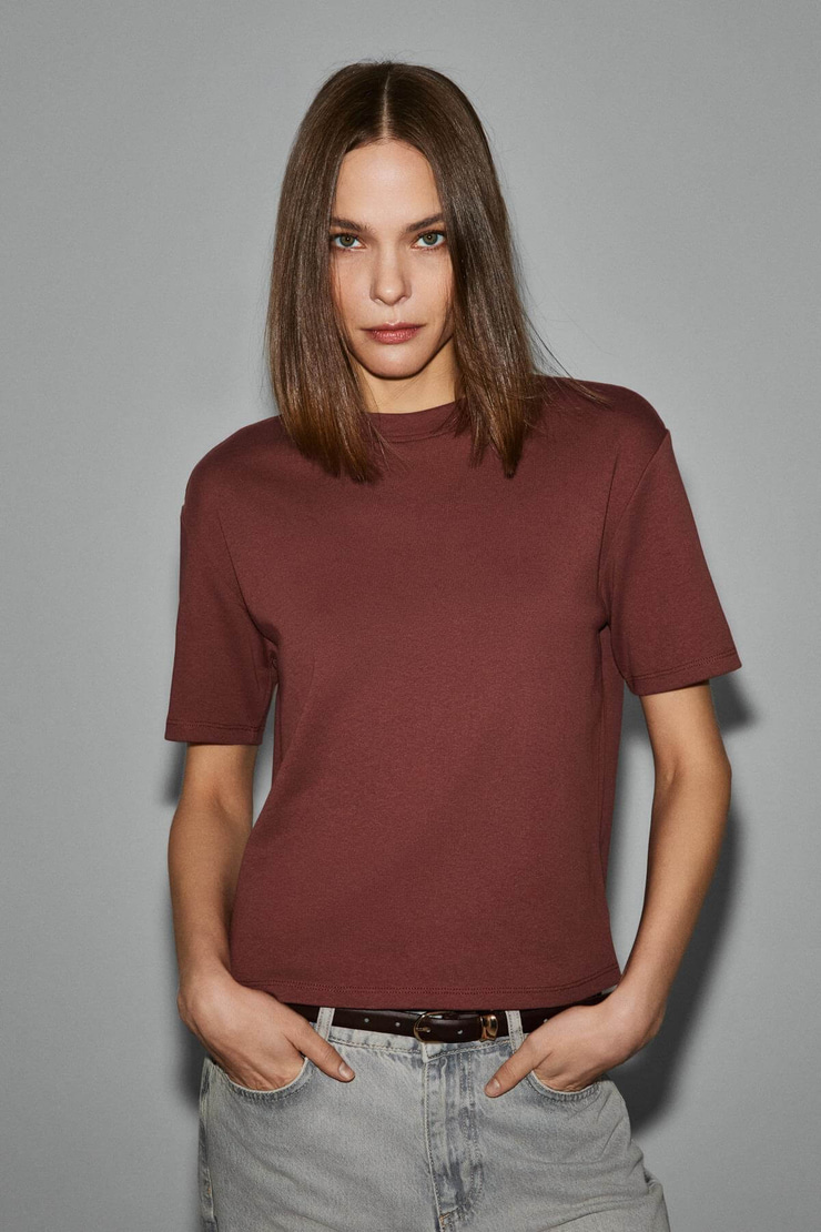 COLENA Kadın Organik Pamuklu Bisiklet Yaka Oversize Fit Kısa Kollu Kiremit Rengi T-Shirt