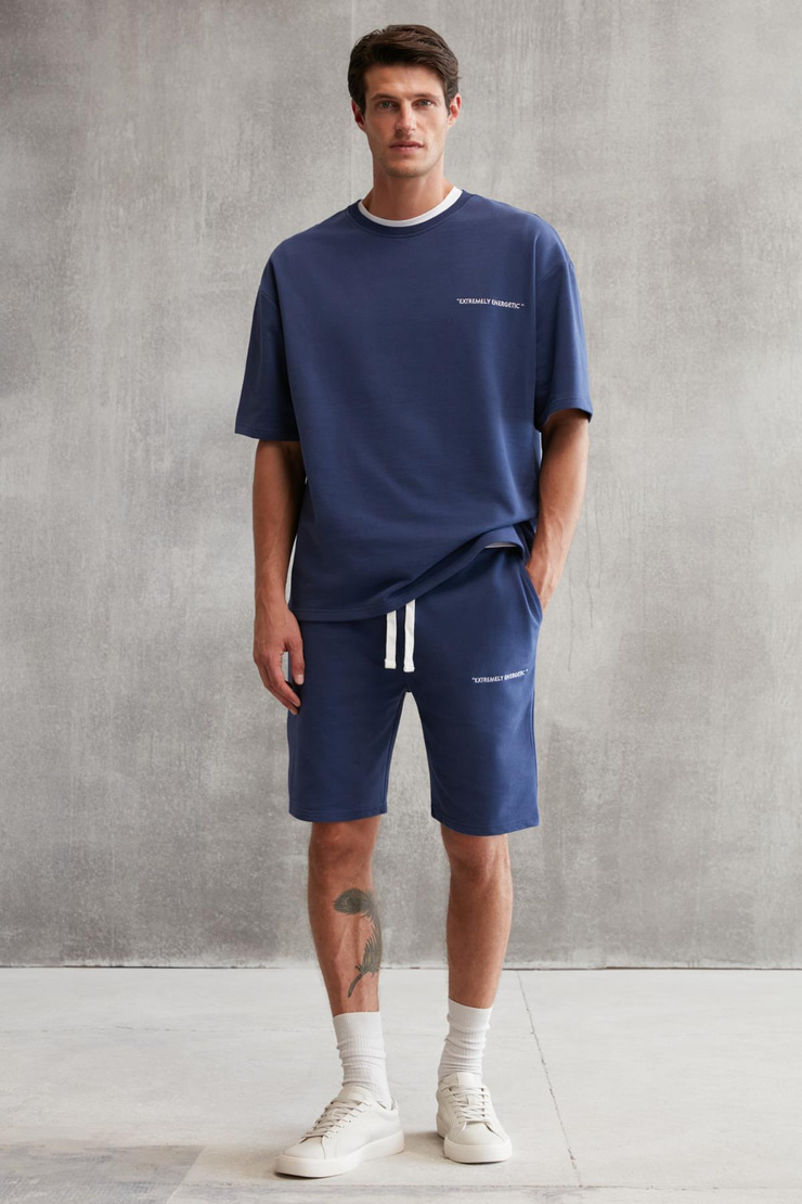 COLOMBIA Erkek 2'Li Set Comfort Fit Rahat Kalıp Yazı Nakışlı Şardonsuz Lacivert Eşofman Takımı