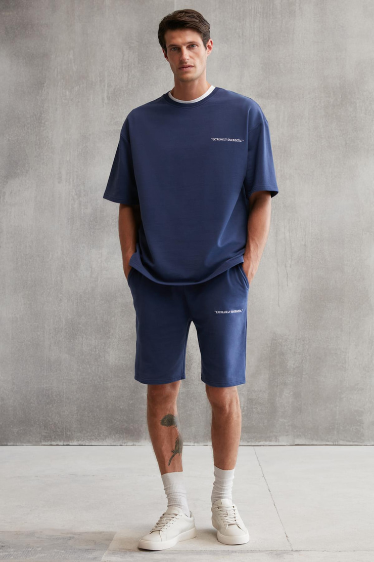 COLOMBIA Erkek 2'Li Set Comfort Fit Rahat Kalıp Yazı Nakışlı Şardonsuz Lacivert Eşofman Takımı