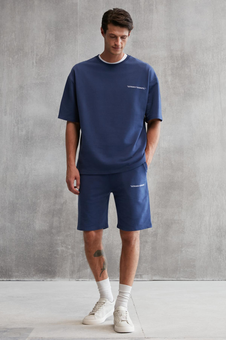 COLOMBIA Erkek 2'Li Set Comfort Fit Rahat Kalıp Yazı Nakışlı Şardonsuz Lacivert Eşofman Takımı