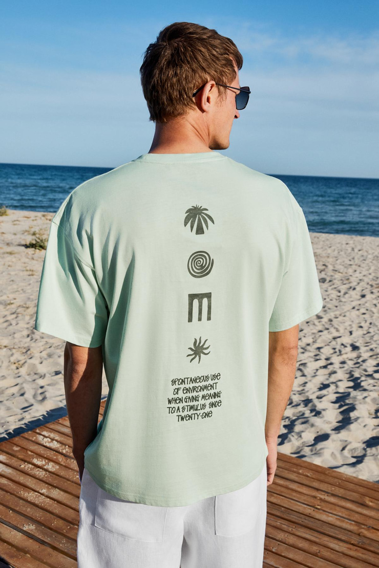 COPACABANA Erkek Ön Arka Baskı Detaylı %100 Organik Pamuk Oversize Kısa Kollu Açık Yeşil T-Shirt