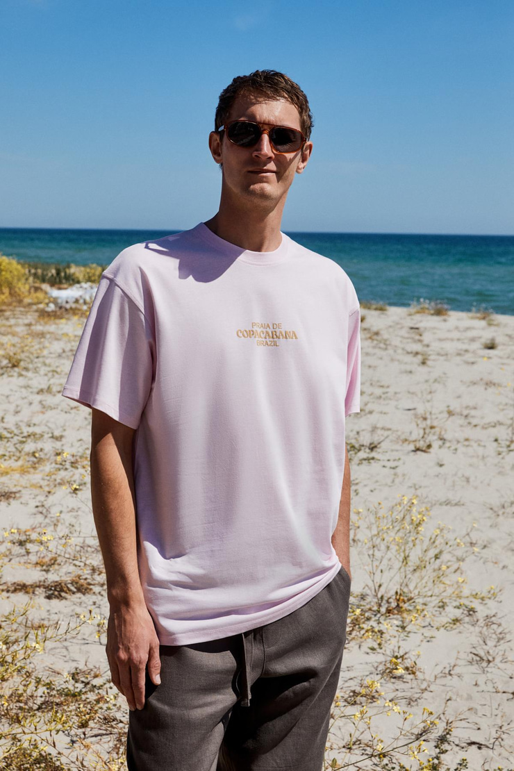 COPACABANA Erkek Ön Arka Baskı Detaylı %100 Organik Pamuk Oversize Kısa Kollu Pembe T-Shirt