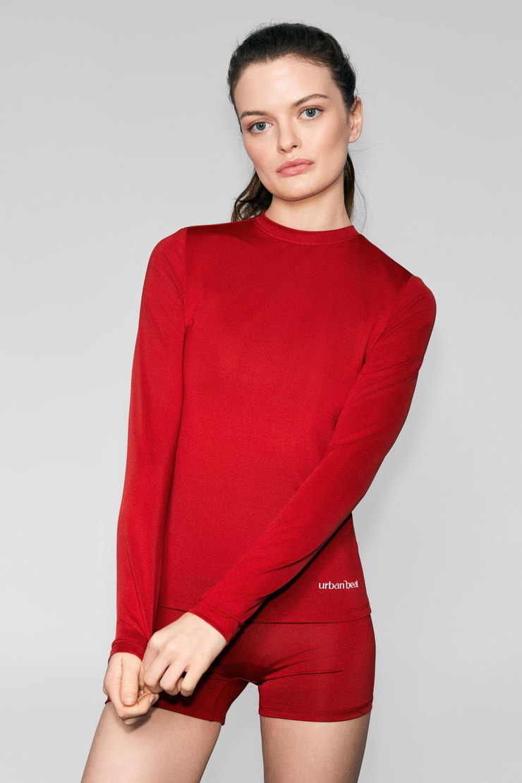 COREX Kadın Yuvarlak Yakalı Baskı Detaylı Slim Fit Uzun Kollu Spor Kırmızı T-Shirt