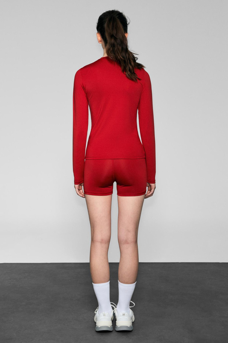 COREX Kadın Yuvarlak Yakalı Baskı Detaylı Slim Fit Uzun Kollu Spor Kırmızı T-Shirt