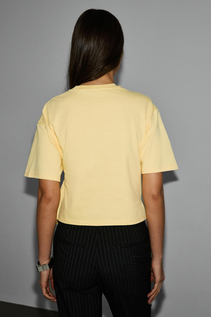 CORIAN Kadın Organik Pamuklu Yuvarlak Yakalı Büzgü Ve Kordon Detaylı Regular Sarı Bluz