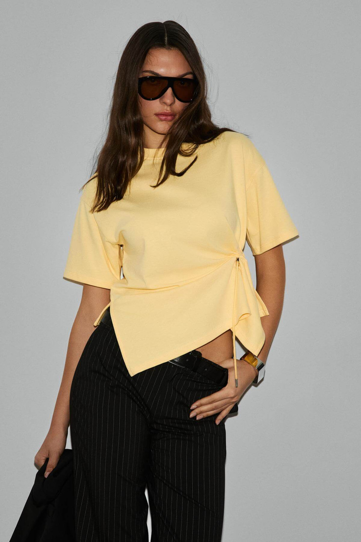 CORIAN Kadın Organik Pamuklu Yuvarlak Yakalı Büzgü Ve Kordon Detaylı Regular Sarı Bluz