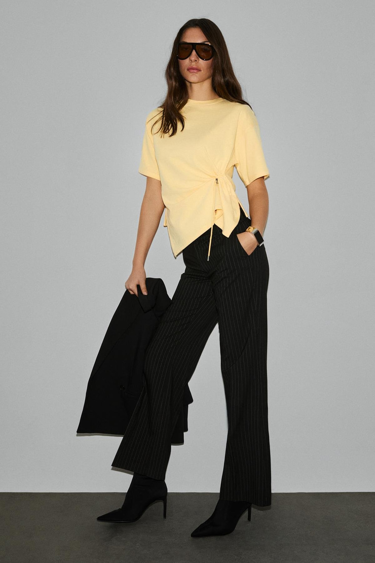 CORIAN Kadın Organik Pamuklu Yuvarlak Yakalı Büzgü Ve Kordon Detaylı Regular Sarı Bluz