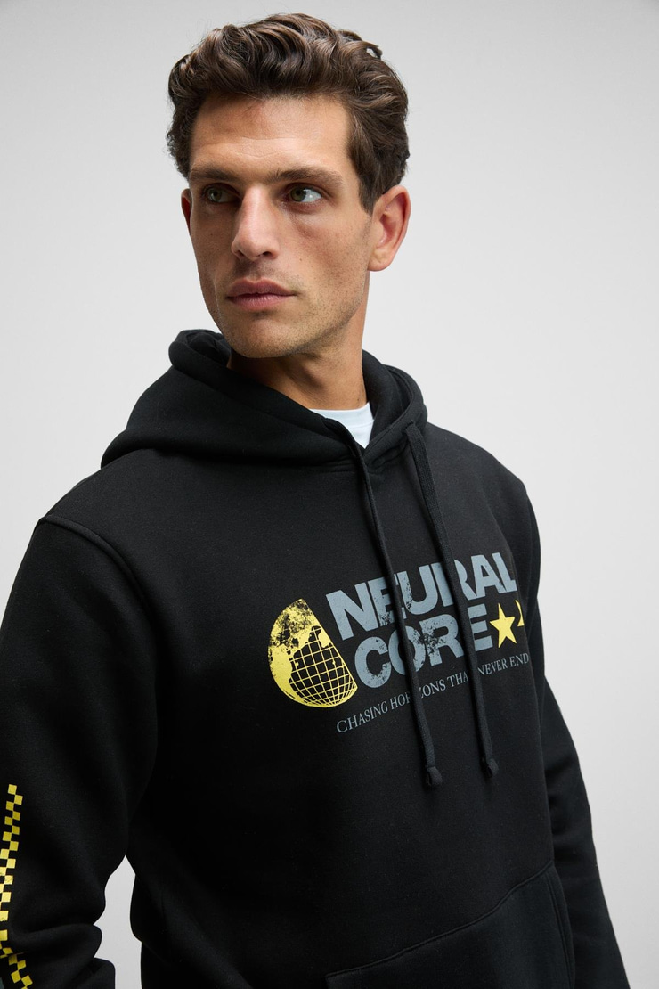 CORNELIUS Erkek Önü Ve Kolları Baskılı Kapüşonlu Kordonlu Kanguru Cepli Siyah Sweatshirt