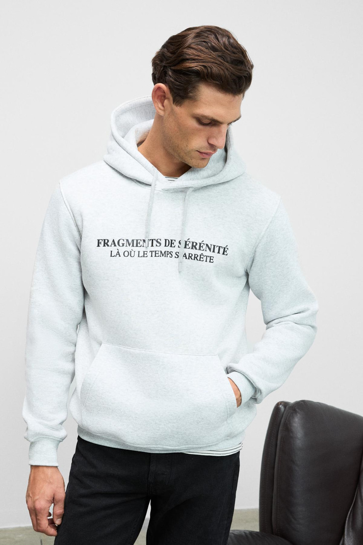 CORNELIUS Erkek Önü Ve Kolları Baskılı Kapüşonlu Kordonlu Kanguru Cepli Grimelanj Sweatshirt