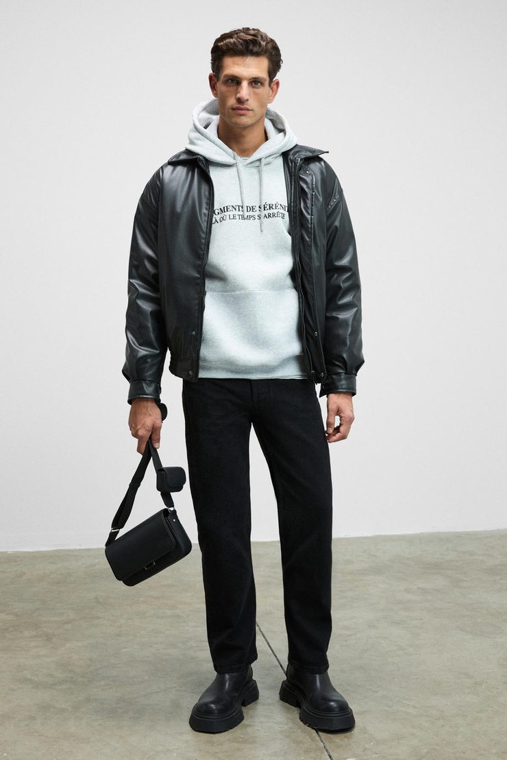 CORNELIUS Erkek Önü Ve Kolları Baskılı Kapüşonlu Kordonlu Kanguru Cepli Grimelanj Sweatshirt