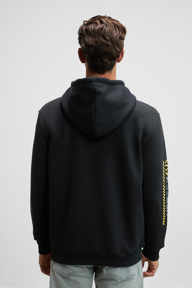 CORNELIUS Erkek Önü Ve Kolları Baskılı Kapüşonlu Kordonlu Kanguru Cepli Siyah Sweatshirt