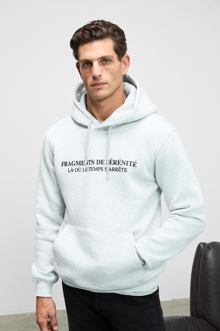 CORNELIUS Erkek Önü Ve Kolları Baskılı Kapüşonlu Kordonlu Kanguru Cepli Grimelanj Sweatshirt