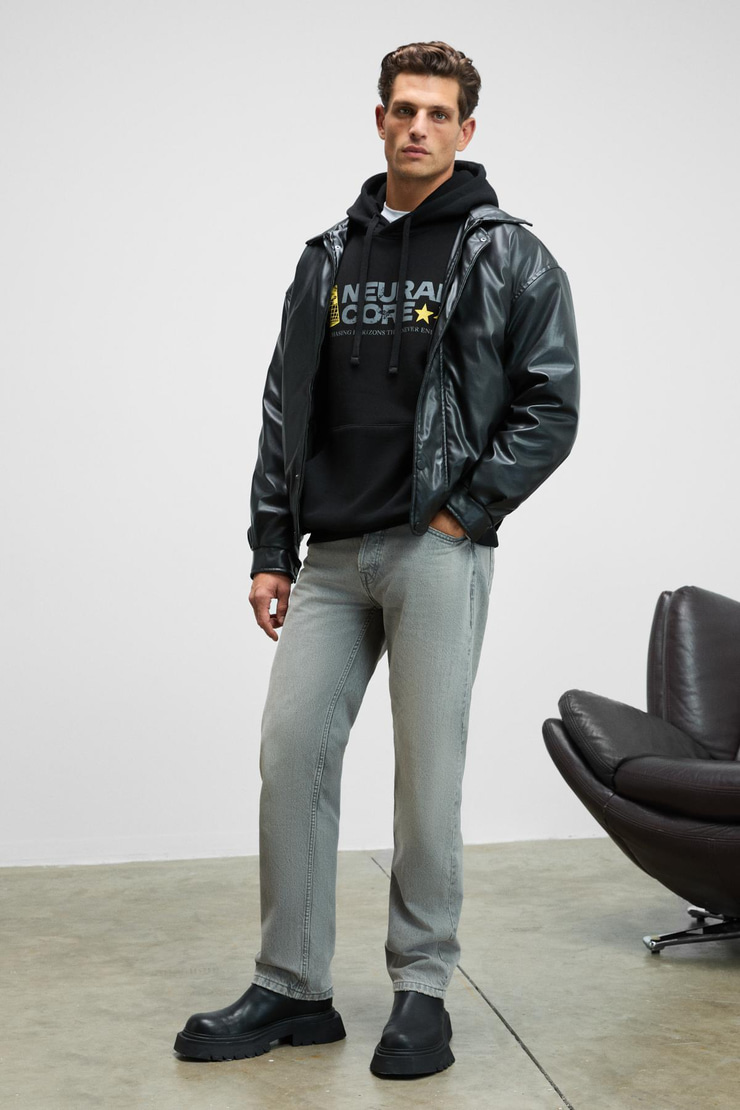 CORNELIUS Erkek Önü Ve Kolları Baskılı Kapüşonlu Kordonlu Kanguru Cepli Siyah Sweatshirt