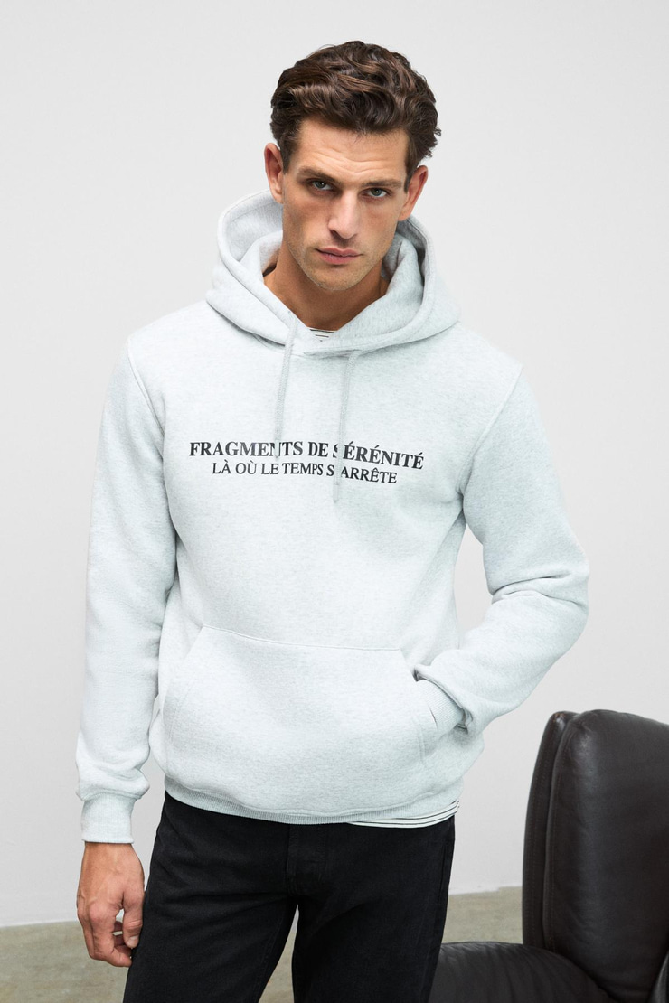 CORNELIUS Erkek Önü Ve Kolları Baskılı Kapüşonlu Kordonlu Kanguru Cepli Grimelanj Sweatshirt