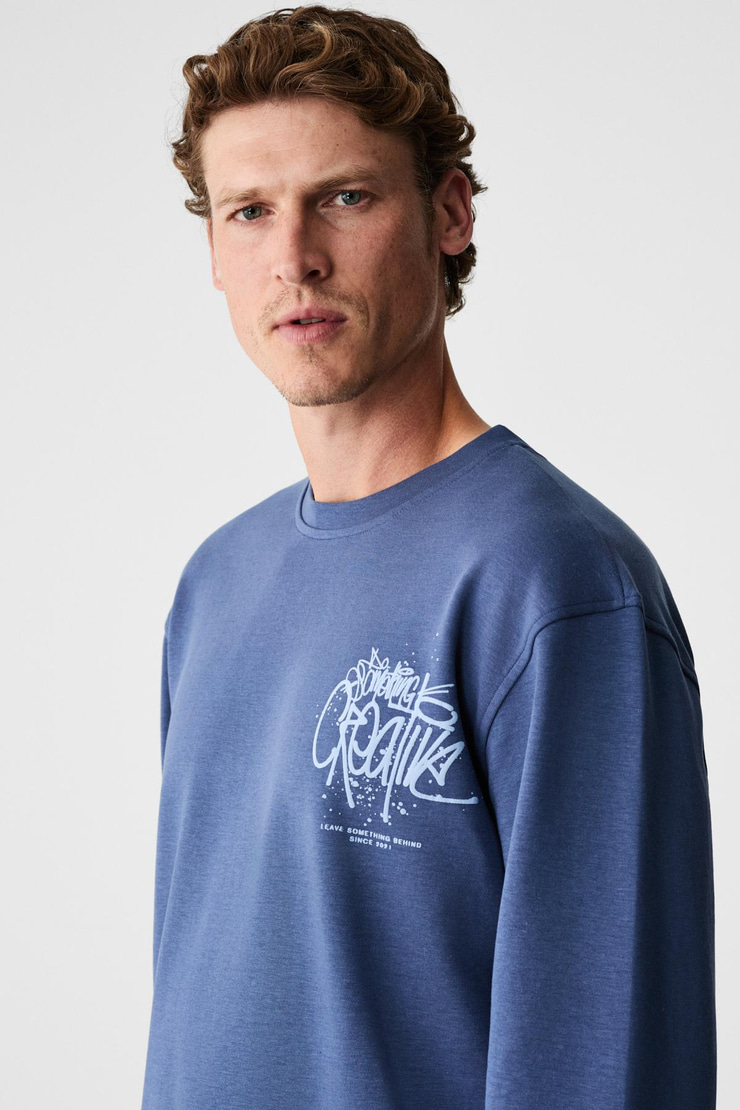 CREATOR Erkek Göğsü Ve Sırtı Baskılı Pamuklu Bisiklet Yakalı Oversize Uzun Kollu Lacivert T-Shirt