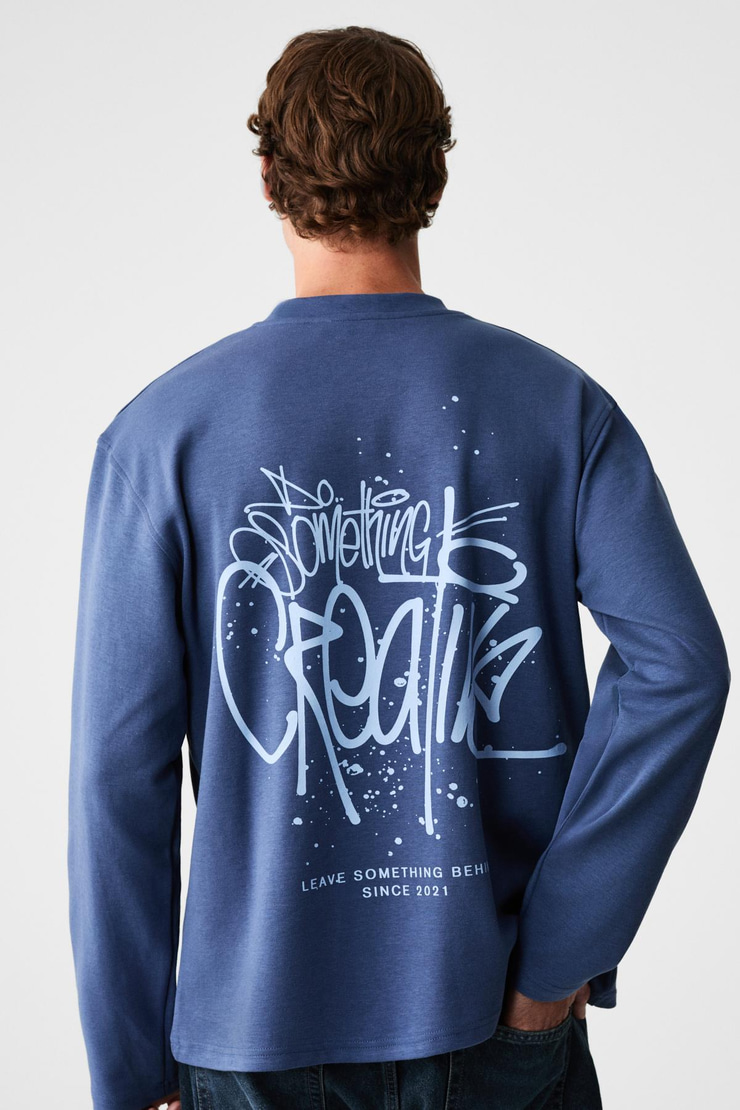 CREATOR Erkek Göğsü Ve Sırtı Baskılı Pamuklu Bisiklet Yakalı Oversize Uzun Kollu Lacivert T-Shirt