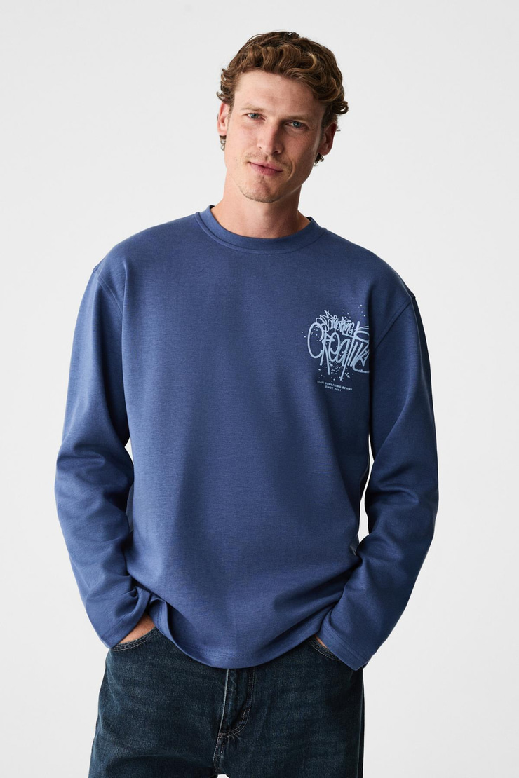 CREATOR Erkek Göğsü Ve Sırtı Baskılı Pamuklu Bisiklet Yakalı Oversize Uzun Kollu Lacivert T-Shirt