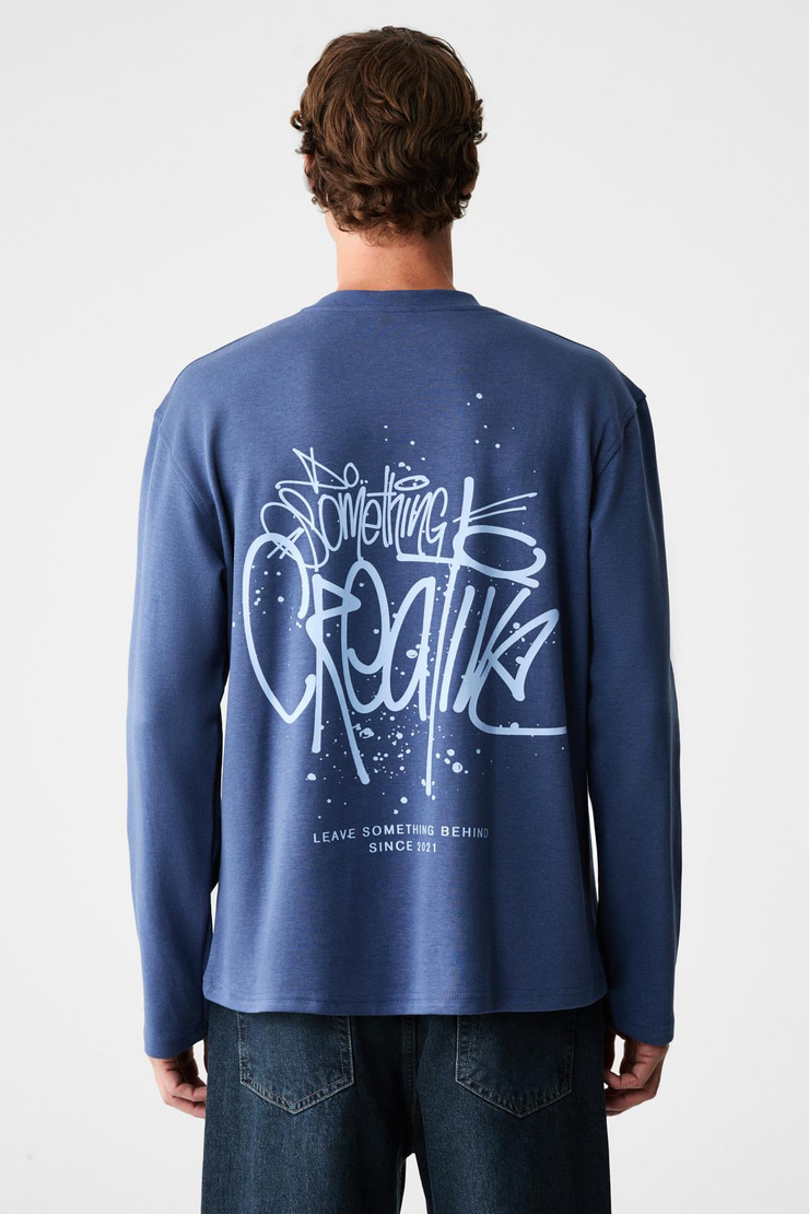 CREATOR Erkek Göğsü Ve Sırtı Baskılı Pamuklu Bisiklet Yakalı Oversize Uzun Kollu Lacivert T-Shirt