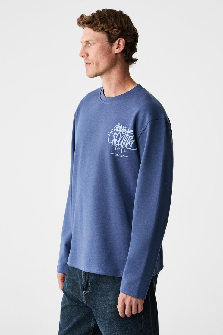 CREATOR Erkek Göğsü Ve Sırtı Baskılı Pamuklu Bisiklet Yakalı Oversize Uzun Kollu Lacivert T-Shirt