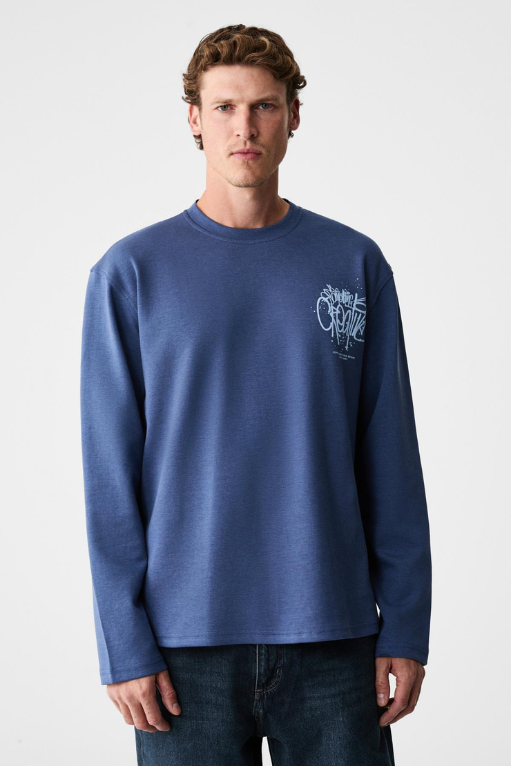 CREATOR Erkek Göğsü Ve Sırtı Baskılı Pamuklu Bisiklet Yakalı Oversize Uzun Kollu Lacivert T-Shirt