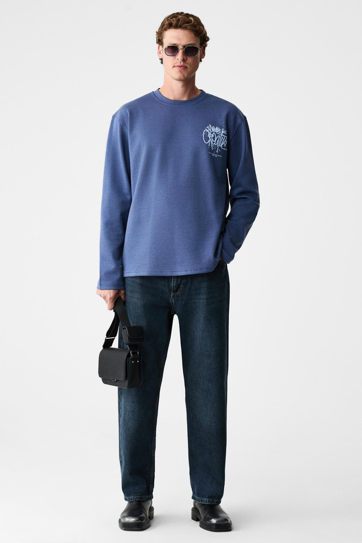 CREATOR Erkek Göğsü Ve Sırtı Baskılı Pamuklu Bisiklet Yakalı Oversize Uzun Kollu Lacivert T-Shirt