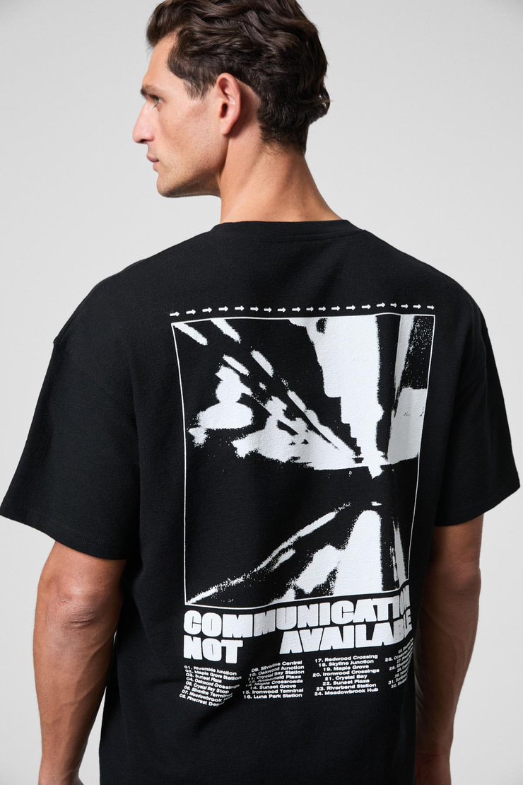 CREST Erkek Göğsü Ve Sırtı Baskılı %100 Organik Pamuk Oversize Fit Bisiklet Yaka Siyah T-Shirt