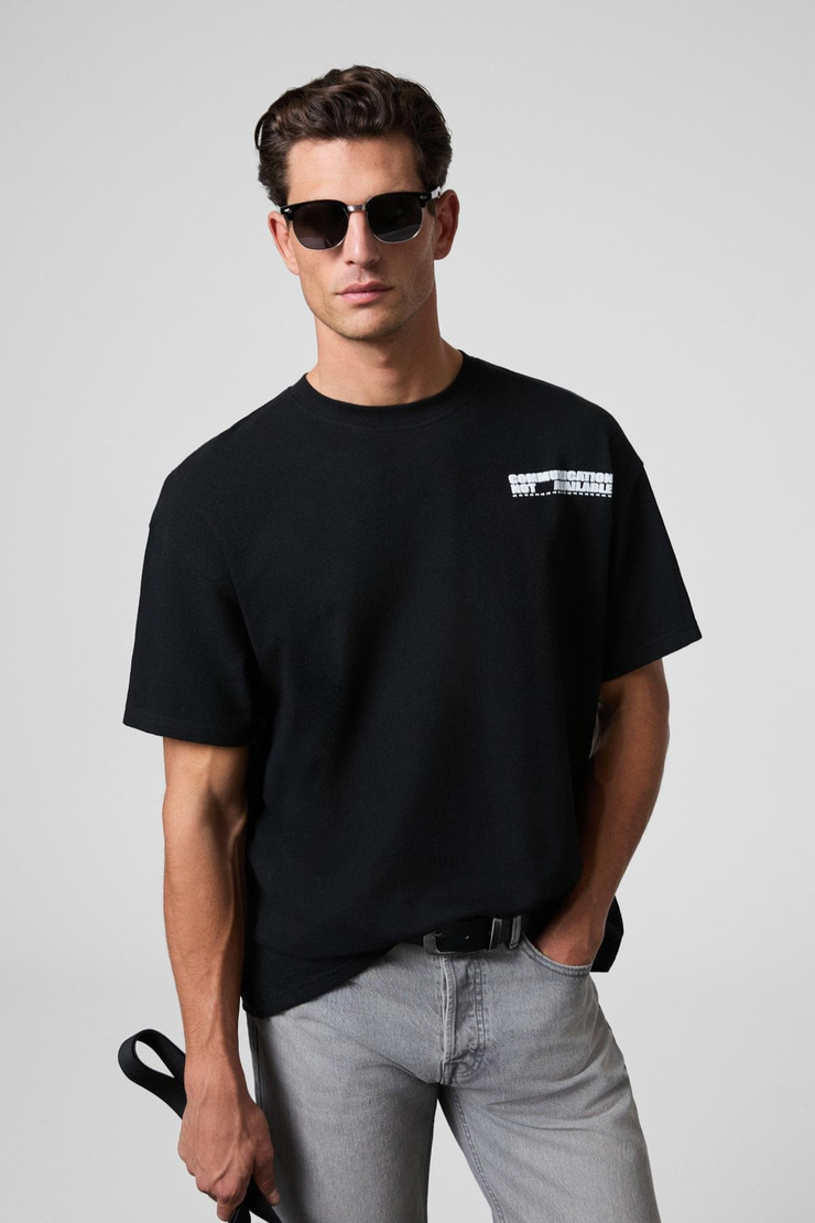 CREST Erkek Göğsü Ve Sırtı Baskılı %100 Organik Pamuk Oversize Fit Bisiklet Yaka Siyah T-Shirt