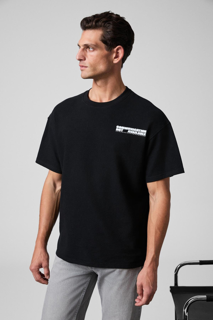 CREST Erkek Göğsü Ve Sırtı Baskılı %100 Organik Pamuk Oversize Fit Bisiklet Yaka Siyah T-Shirt