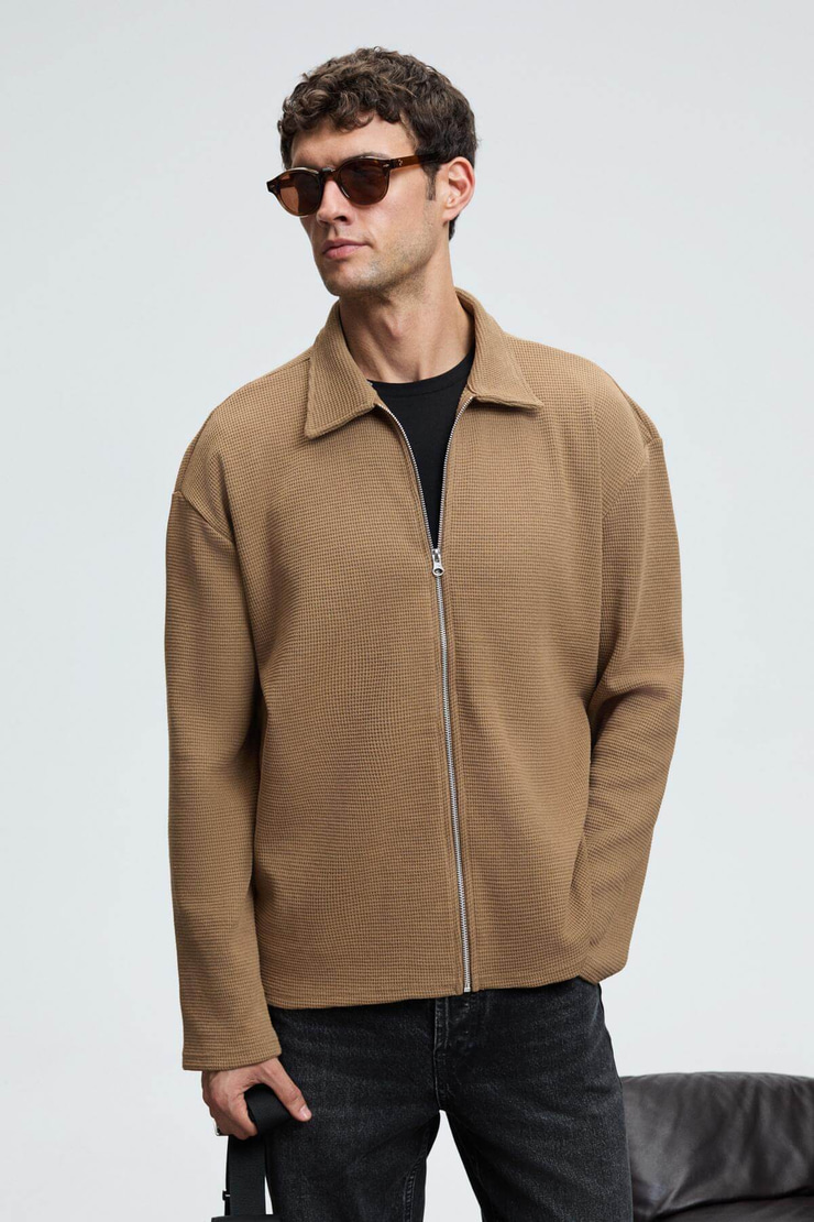 CRIMSON Erkek Waffle Özel Dokulu Fermuarlı Süs Etiketli Vizon Ceket