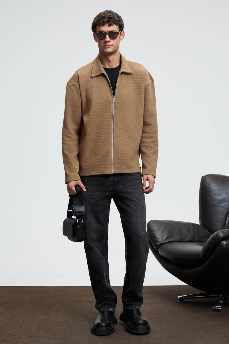 CRIMSON Erkek Waffle Özel Dokulu Fermuarlı Süs Etiketli Vizon Ceket