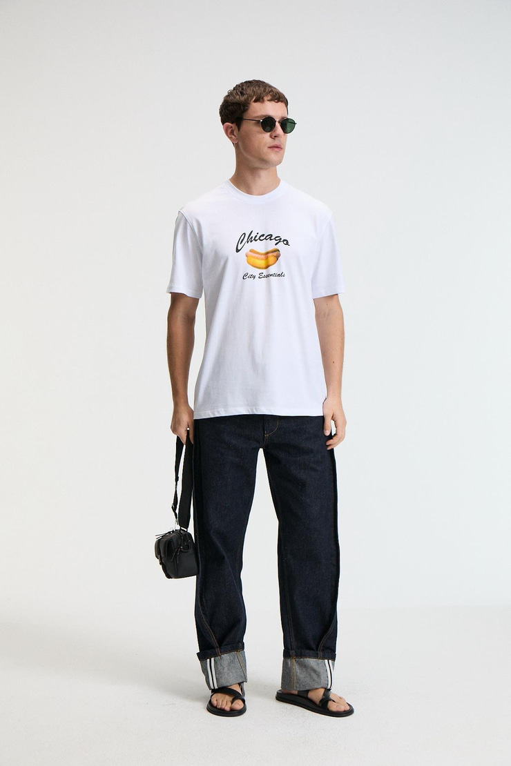 CRISP Erkek Oversize %100 Pamuk Baskılı Yuvarlak Yaka Beyaz T-Shirt