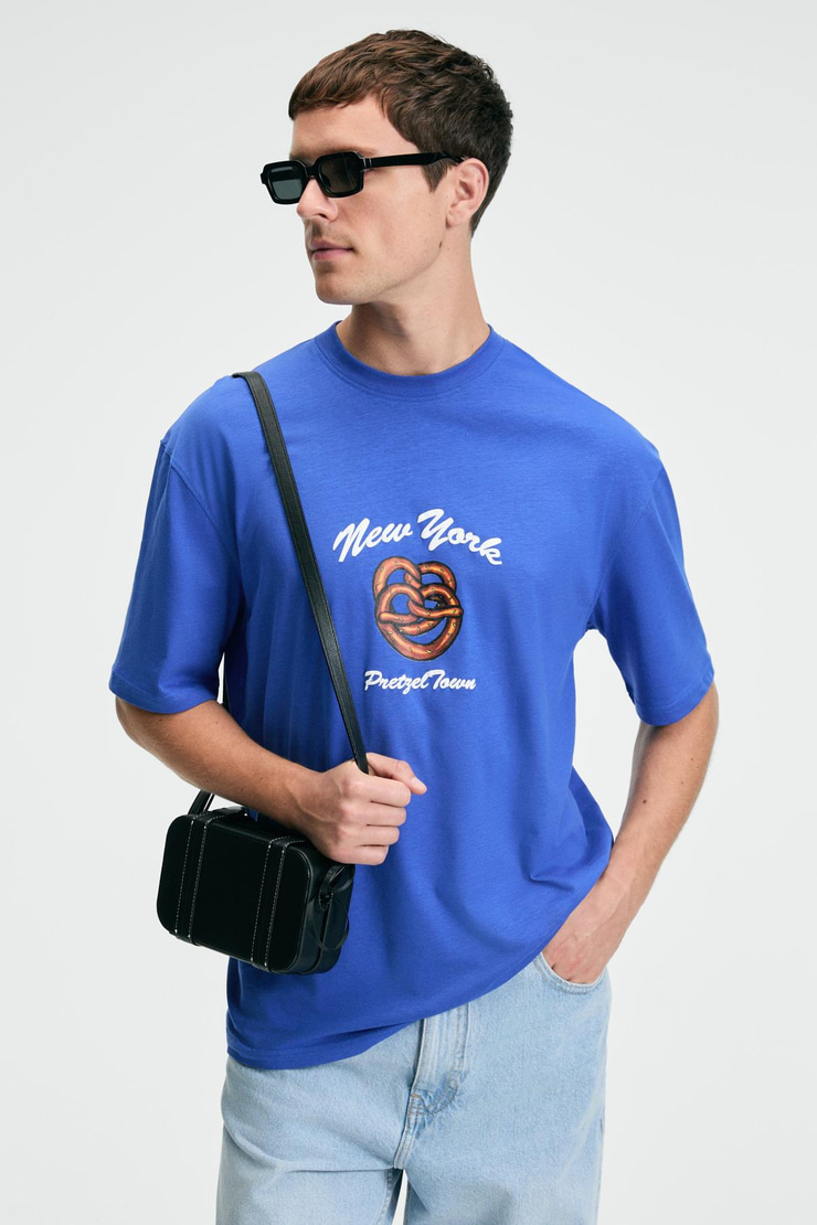 CRISP Erkek Oversize %100 Pamuk Baskılı Yuvarlak Yaka Saks Mavi T-Shirt