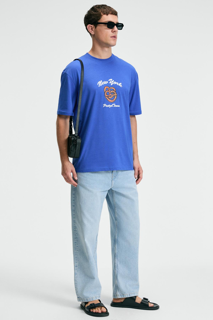 CRISP Erkek Oversize %100 Pamuk Baskılı Yuvarlak Yaka Saks Mavi T-Shirt