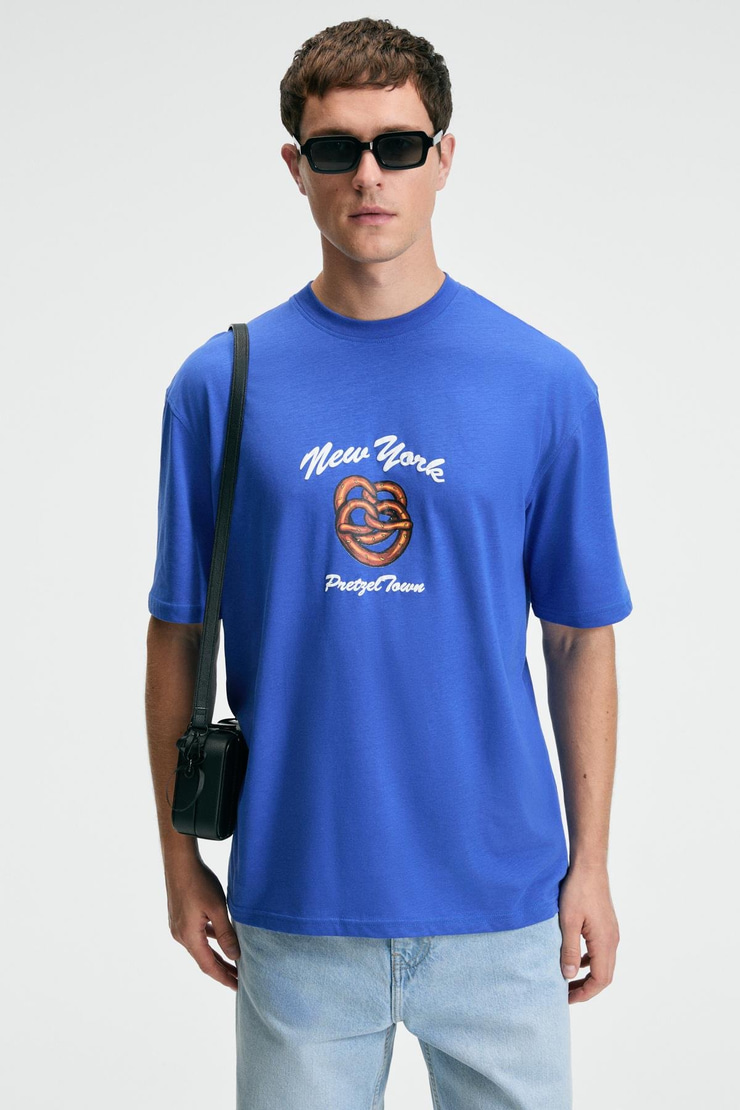 CRISP Erkek Oversize %100 Pamuk Baskılı Yuvarlak Yaka Saks Mavi T-Shirt