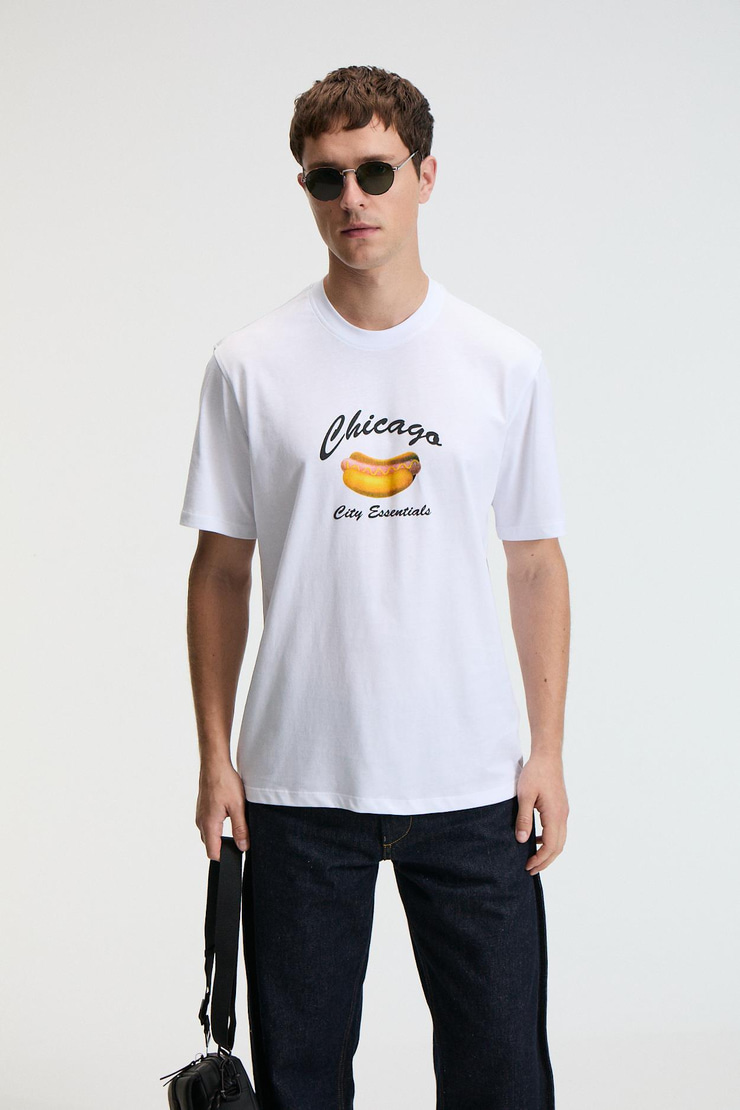 CRISP Erkek Oversize %100 Pamuk Baskılı Yuvarlak Yaka Beyaz T-Shirt