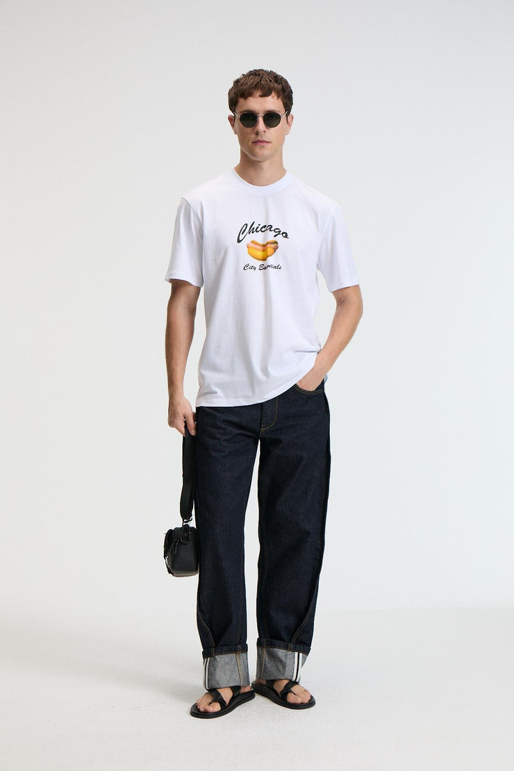 CRISP Erkek Oversize %100 Pamuk Baskılı Yuvarlak Yaka Beyaz T-Shirt