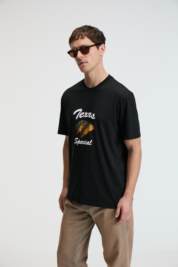 CRISP Erkek Oversize %100 Pamuk Baskılı Yuvarlak Yaka Siyah T-Shirt