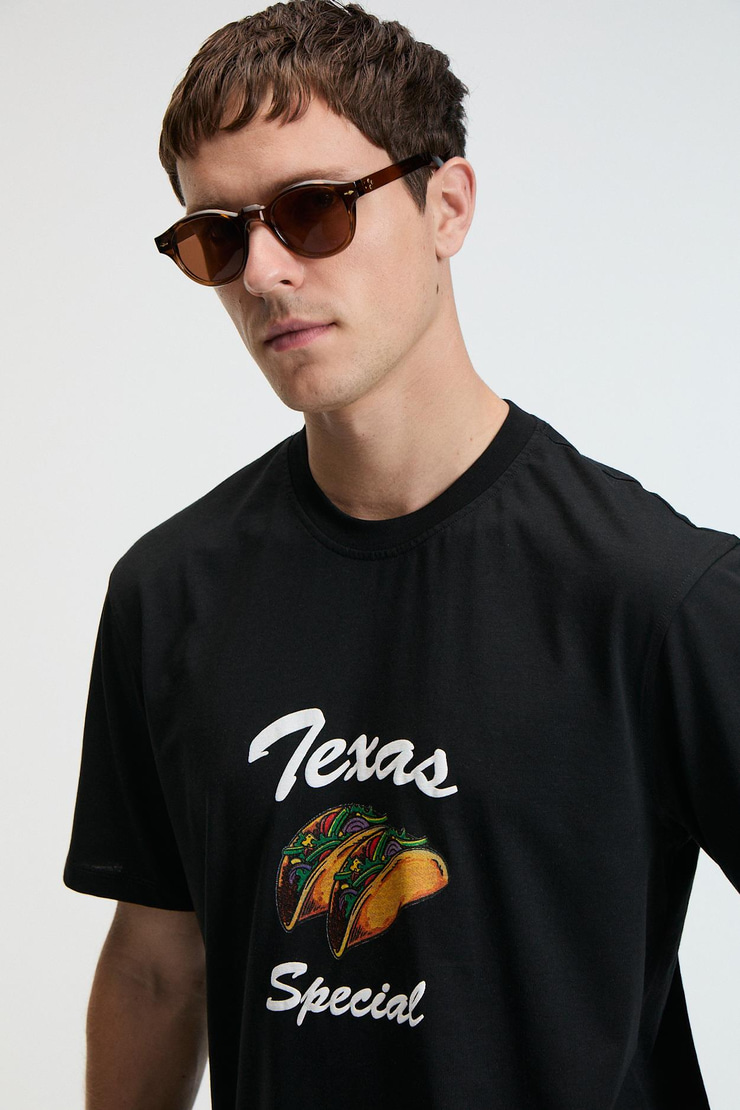 CRISP Erkek Oversize %100 Pamuk Baskılı Yuvarlak Yaka Siyah T-Shirt