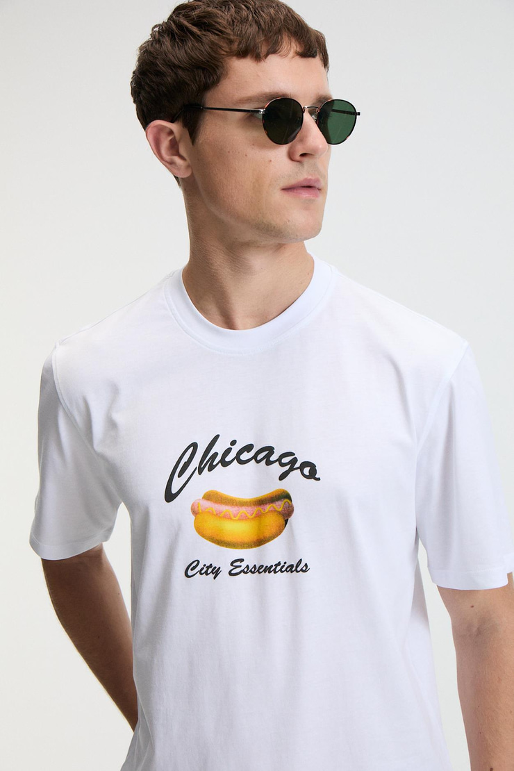 CRISP Erkek Oversize %100 Pamuk Baskılı Yuvarlak Yaka Beyaz T-Shirt