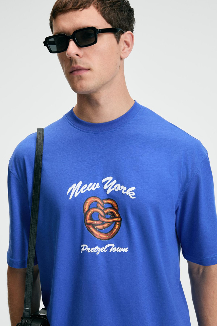 CRISP Erkek Oversize %100 Pamuk Baskılı Yuvarlak Yaka Saks Mavi T-Shirt