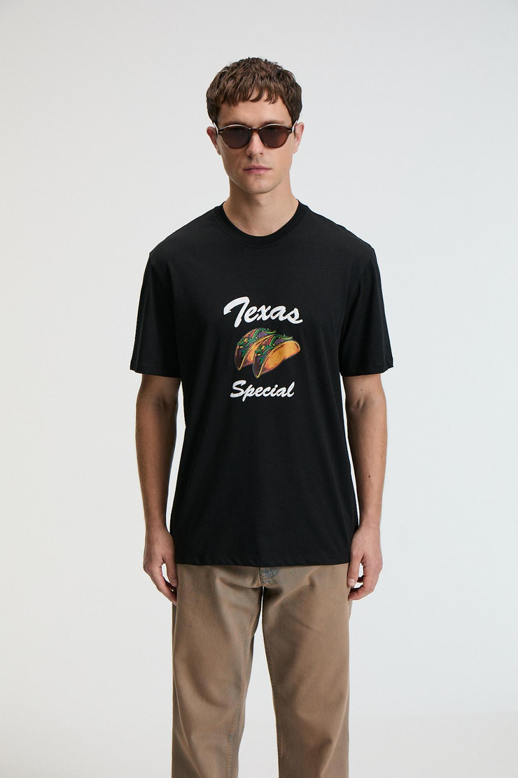 CRISP Erkek Oversize %100 Pamuk Baskılı Yuvarlak Yaka Siyah T-Shirt