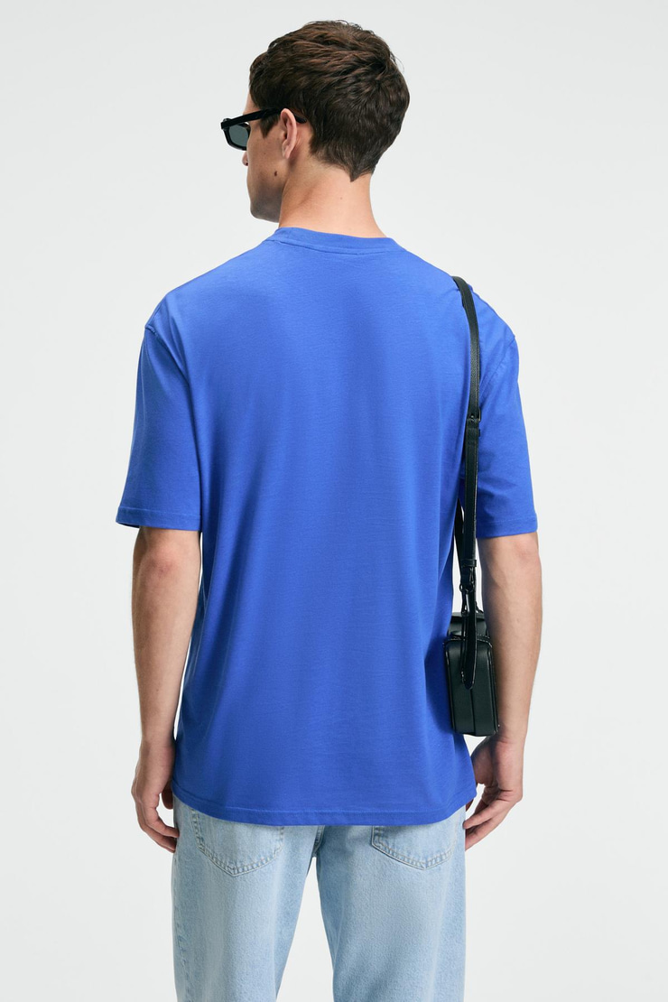 CRISP Erkek Oversize %100 Pamuk Baskılı Yuvarlak Yaka Saks Mavi T-Shirt