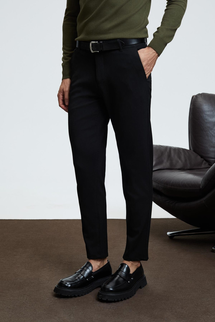 CRUDO Erkek Yanları Ve Arkası Cepli Fermuarlı Regular Fit Dokuma Siyah Pantolon