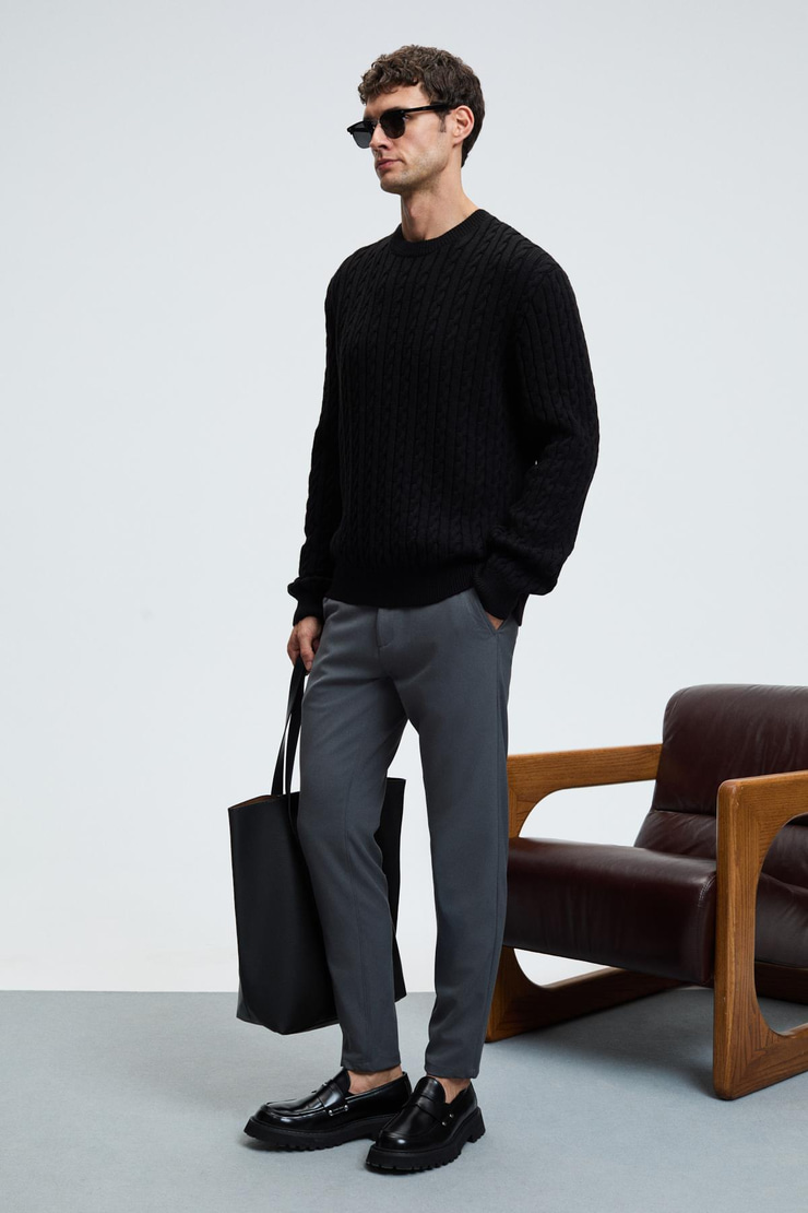 CRUDO Erkek Yanları Ve Arkası Cepli Fermuarlı Regular Fit Dokuma Koyu Gri Pantolon