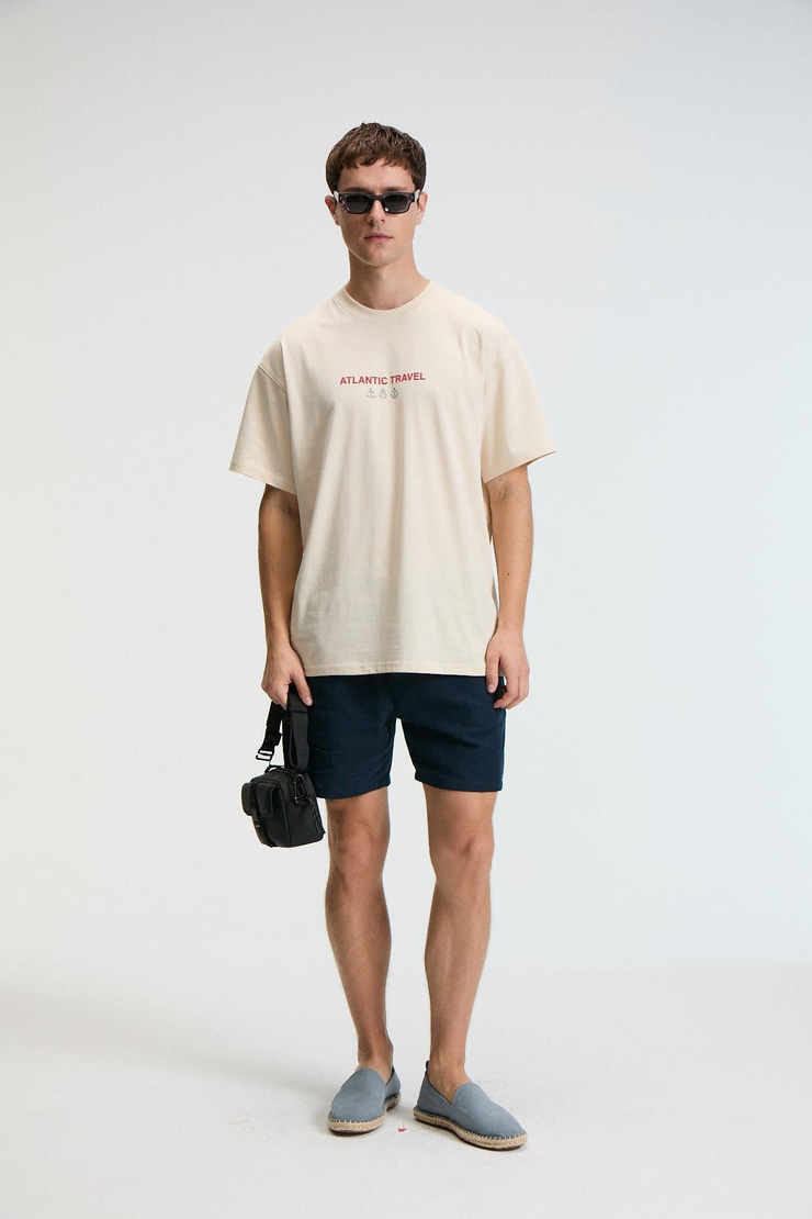 CRUNCH Erkek Oversize %100 Pamuk Baskılı Yuvarlak Yaka Vanilya T-Shirt