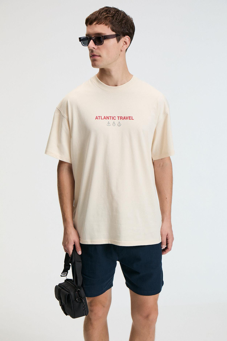 CRUNCH Erkek Oversize %100 Pamuk Baskılı Yuvarlak Yaka Vanilya T-Shirt