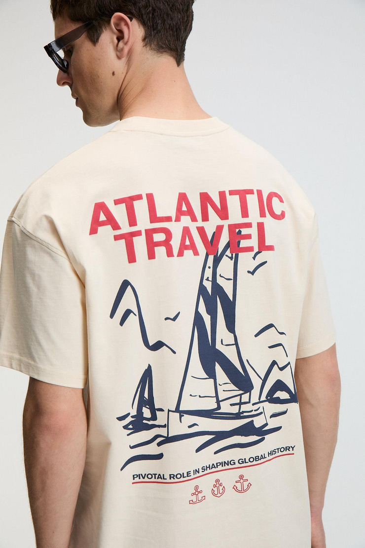 CRUNCH Erkek Oversize %100 Pamuk Baskılı Yuvarlak Yaka Vanilya T-Shirt