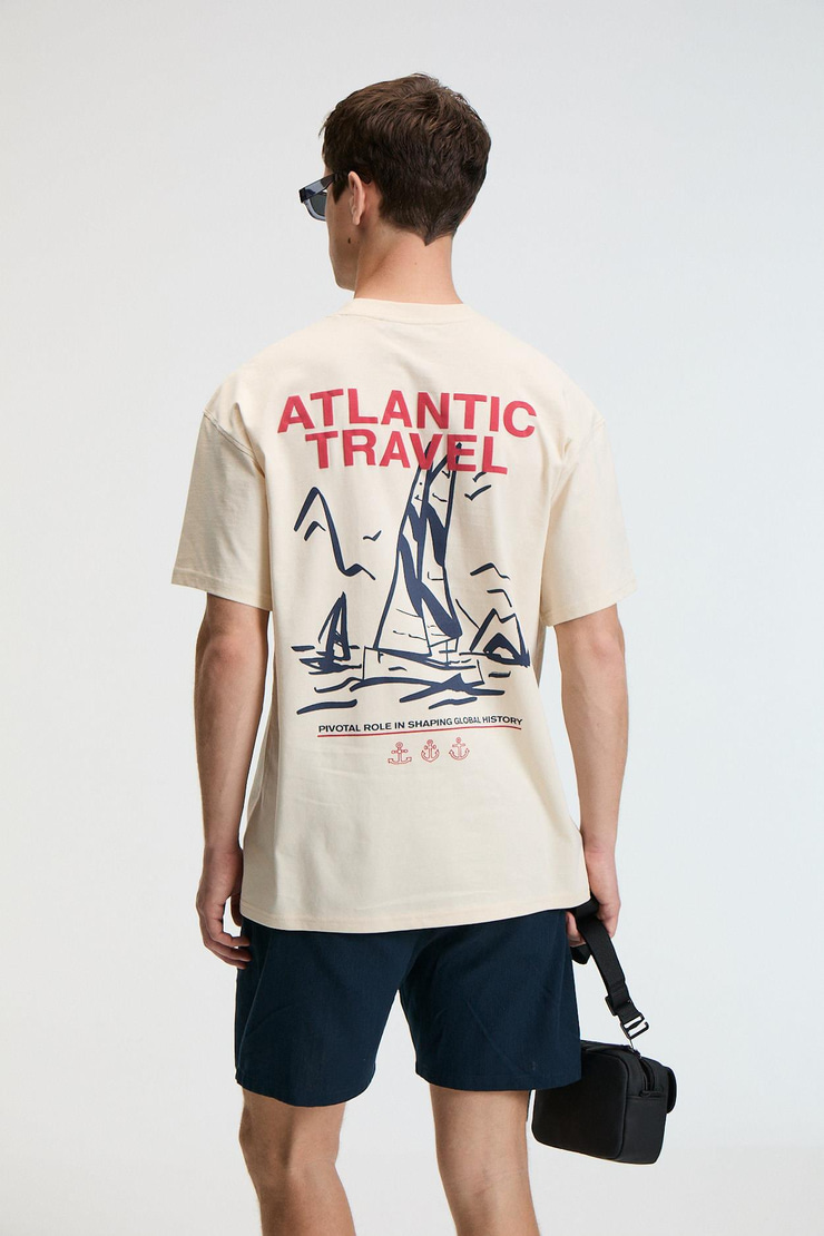 CRUNCH Erkek Oversize %100 Pamuk Baskılı Yuvarlak Yaka Vanilya T-Shirt